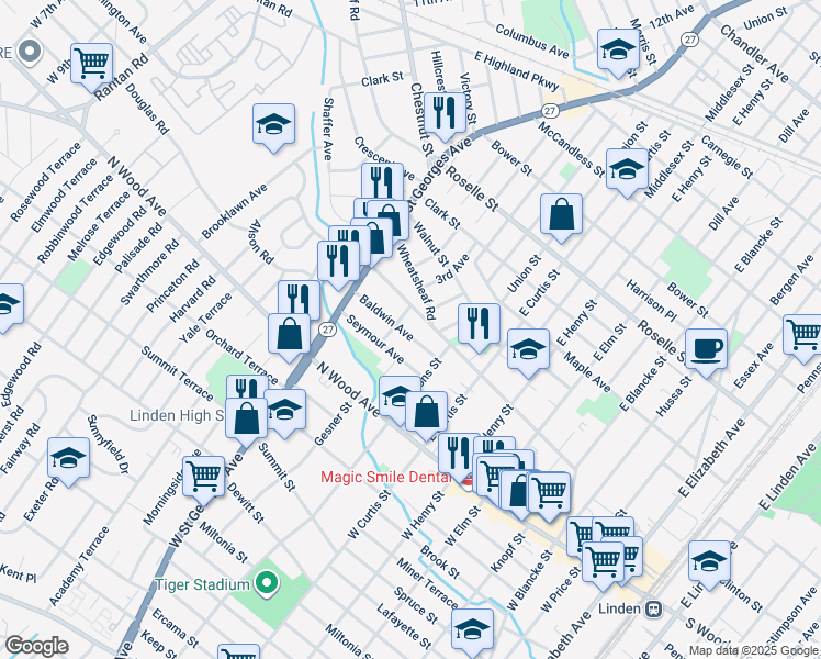 map of restaurants, bars, coffee shops, grocery stores, and more near 840 Baldwin Avenue in Linden