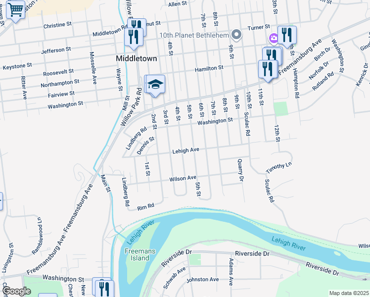 map of restaurants, bars, coffee shops, grocery stores, and more near 3401 Lehigh Avenue in Bethlehem