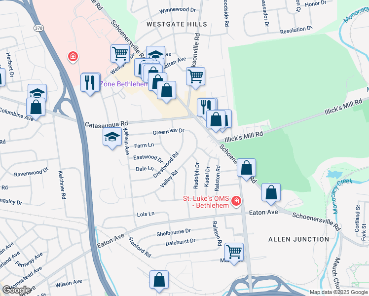 map of restaurants, bars, coffee shops, grocery stores, and more near 1335 Crestwood Road in Bethlehem