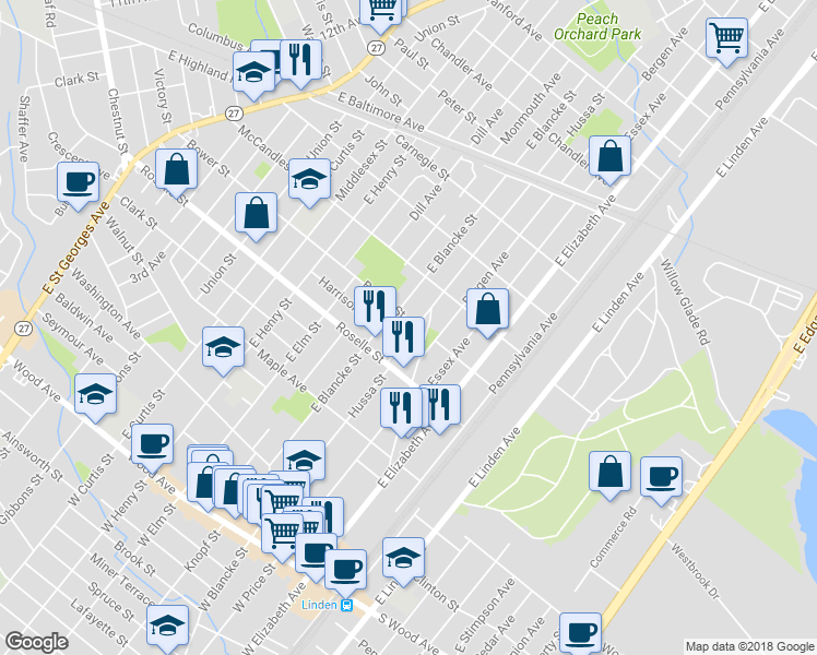 map of restaurants, bars, coffee shops, grocery stores, and more near 401 Bower Street in Linden