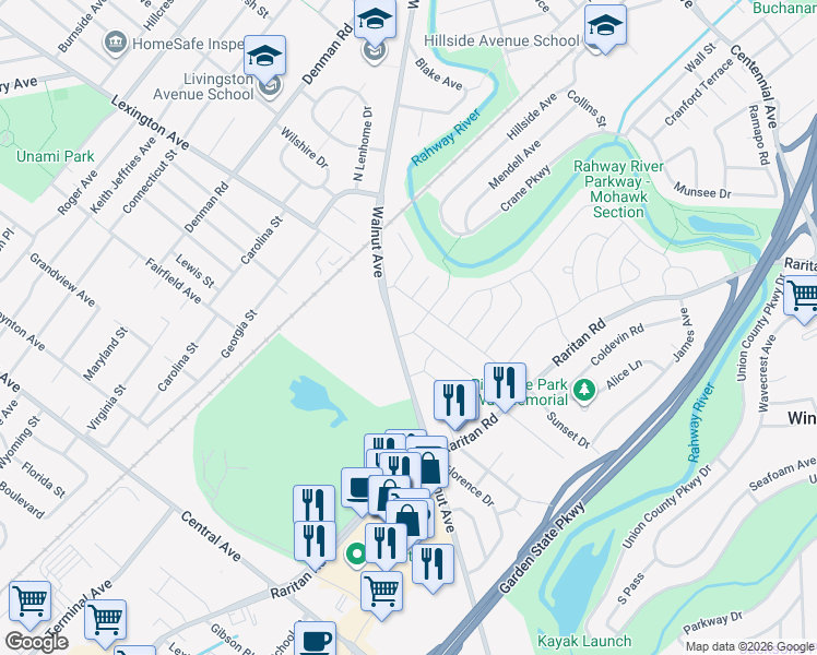 map of restaurants, bars, coffee shops, grocery stores, and more near 1 Macarthur Street in Cranford