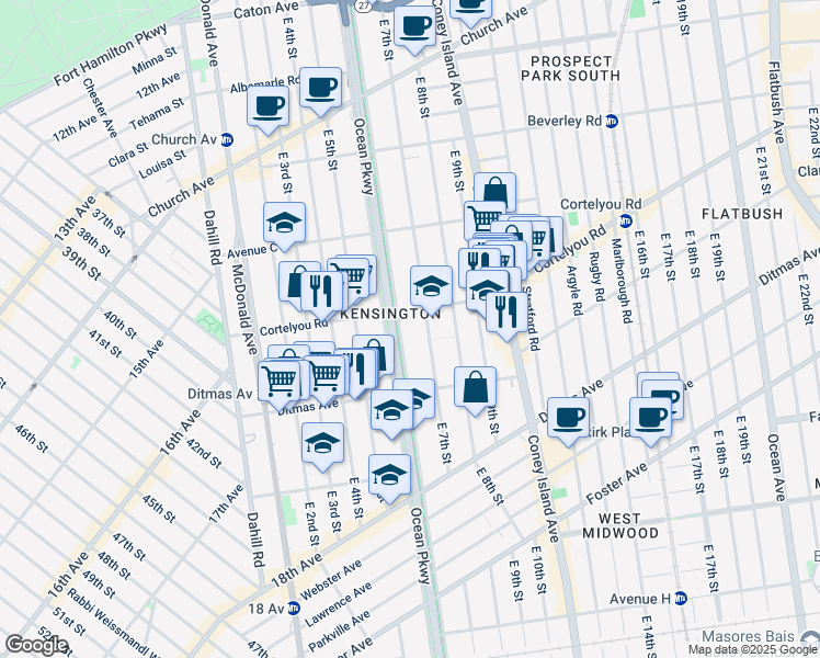map of restaurants, bars, coffee shops, grocery stores, and more near 435 Ocean Parkway in Brooklyn