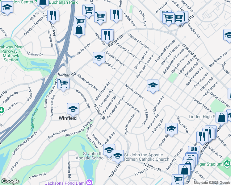 map of restaurants, bars, coffee shops, grocery stores, and more near 2500 Verona Avenue in Linden
