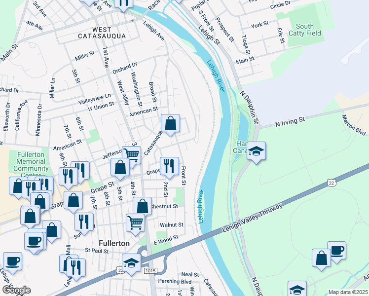 map of restaurants, bars, coffee shops, grocery stores, and more near 36 East Penn Lane in Fullerton