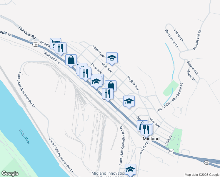map of restaurants, bars, coffee shops, grocery stores, and more near 741 Beaver Ave in Midland