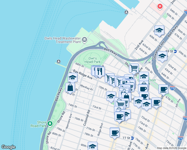 map of restaurants, bars, coffee shops, grocery stores, and more near 83 Bay Ridge Avenue in Brooklyn