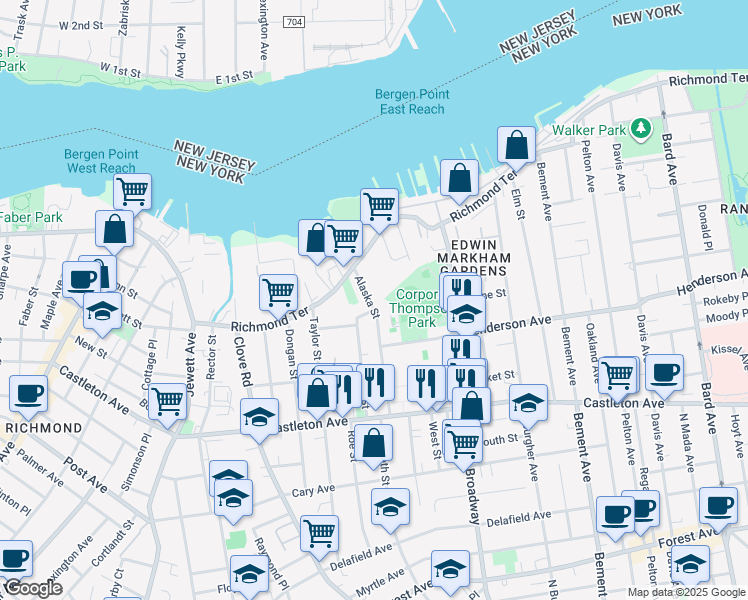 map of restaurants, bars, coffee shops, grocery stores, and more near 43 Alaska Street in Staten Island