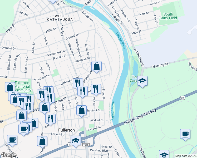 map of restaurants, bars, coffee shops, grocery stores, and more near 106 Franklin Street in Fullerton