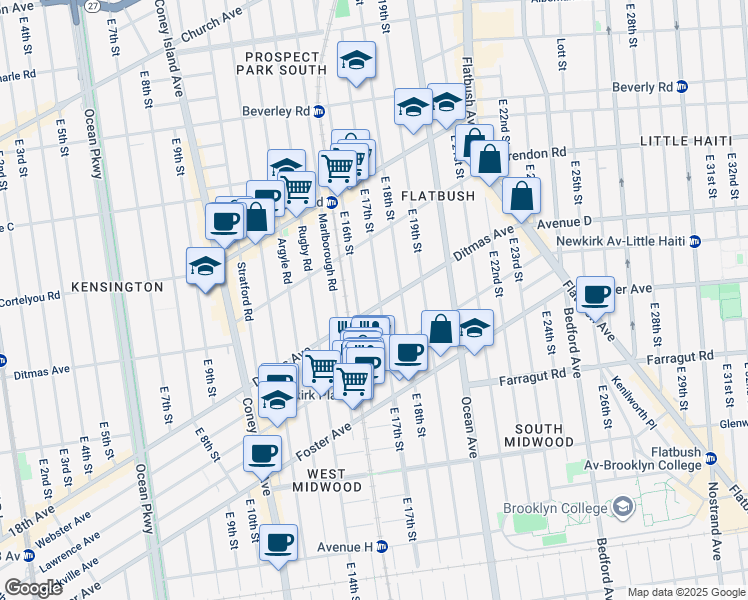 map of restaurants, bars, coffee shops, grocery stores, and more near 1625 Ditmas Avenue in Brooklyn