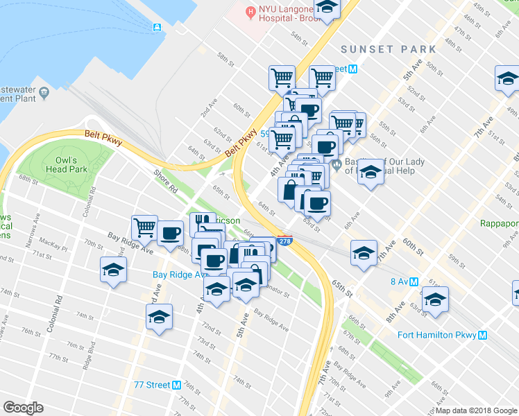 map of restaurants, bars, coffee shops, grocery stores, and more near 416 64th Street in Brooklyn