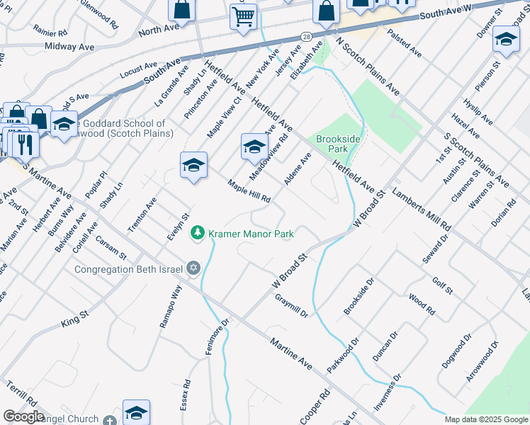 map of restaurants, bars, coffee shops, grocery stores, and more near 2034 Hill Top Road in Scotch Plains