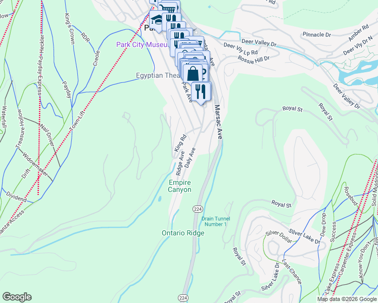map of restaurants, bars, coffee shops, grocery stores, and more near 96 Daly Avenue in Park City