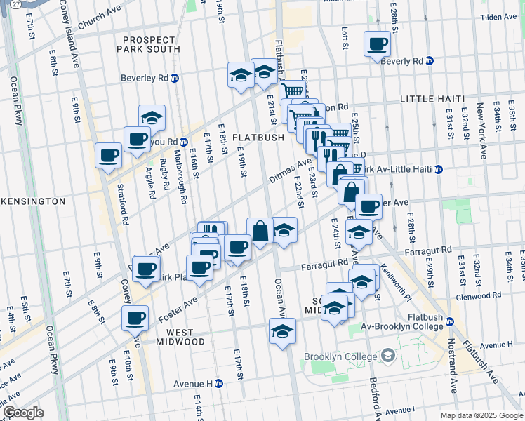 map of restaurants, bars, coffee shops, grocery stores, and more near 1000 Ocean Avenue in Brooklyn