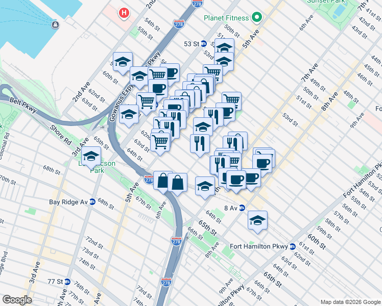 map of restaurants, bars, coffee shops, grocery stores, and more near in Brooklyn