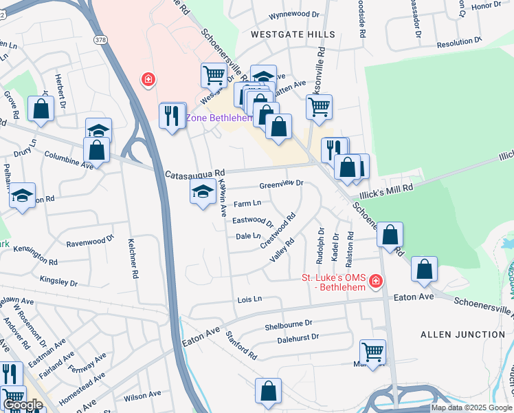 map of restaurants, bars, coffee shops, grocery stores, and more near 1521 Farm Lane in Bethlehem