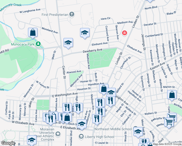 map of restaurants, bars, coffee shops, grocery stores, and more near 1754 Madison Avenue in Bethlehem