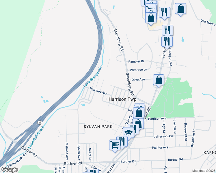 map of restaurants, bars, coffee shops, grocery stores, and more near 1407 Stewart Street in Natrona Heights
