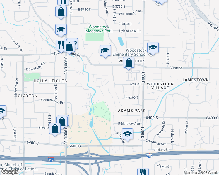 map of restaurants, bars, coffee shops, grocery stores, and more near 6294 South 1125 East in Murray