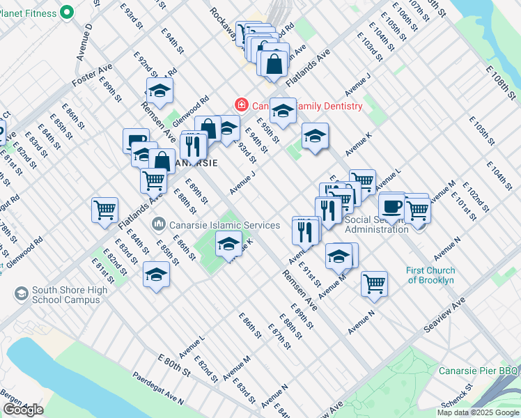 map of restaurants, bars, coffee shops, grocery stores, and more near 1309 East 91st Street in Brooklyn