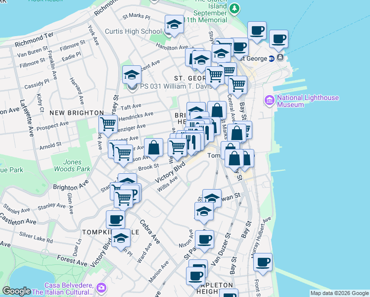 map of restaurants, bars, coffee shops, grocery stores, and more near 52 Corson Avenue in Staten Island