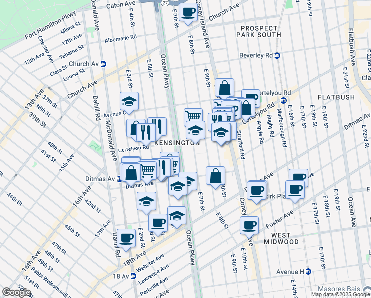 map of restaurants, bars, coffee shops, grocery stores, and more near 435 Ocean Parkway in Brooklyn