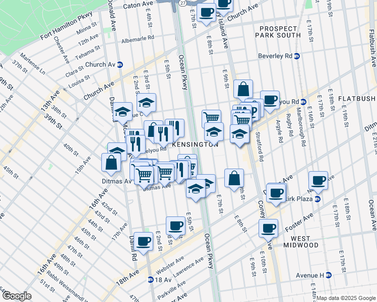 map of restaurants, bars, coffee shops, grocery stores, and more near 583 East 5th Street in Brooklyn