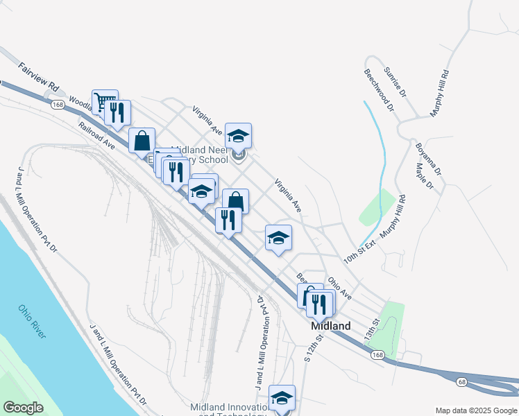 map of restaurants, bars, coffee shops, grocery stores, and more near 813 Penn Ave in Midland