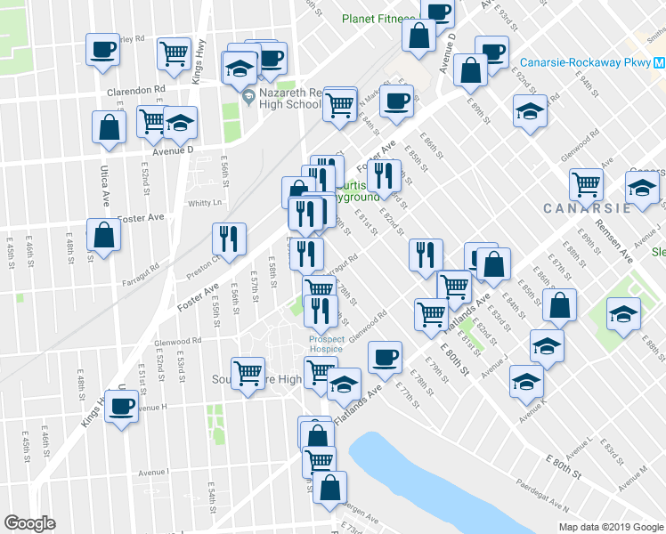 map of restaurants, bars, coffee shops, grocery stores, and more near 531 East 78th Street in Brooklyn