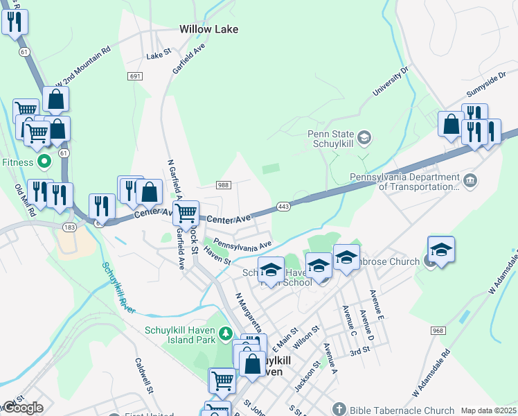 map of restaurants, bars, coffee shops, grocery stores, and more near 10 South Center Street in Pottsville
