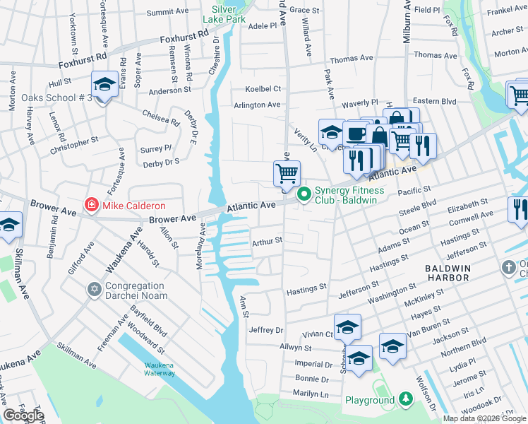 map of restaurants, bars, coffee shops, grocery stores, and more near 706 Atlantic Avenue in Baldwin