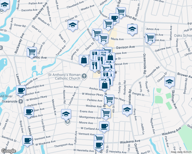 map of restaurants, bars, coffee shops, grocery stores, and more near 33 Kenneth Place in Oceanside