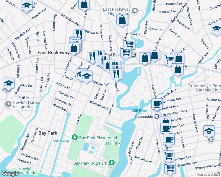 map of restaurants, bars, coffee shops, grocery stores, and more near 3 Morton Avenue in East Rockaway