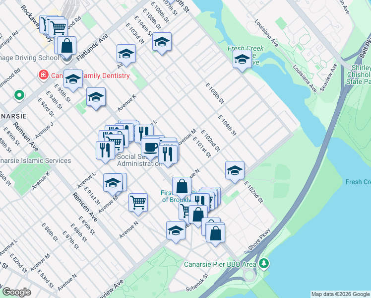 map of restaurants, bars, coffee shops, grocery stores, and more near 1305 East 99th Street in Brooklyn