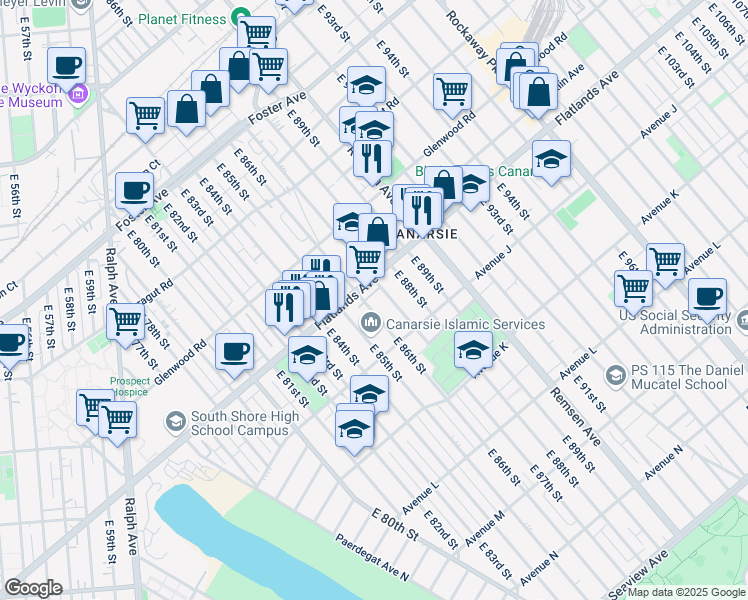 map of restaurants, bars, coffee shops, grocery stores, and more near 927 East 86th Street in Brooklyn