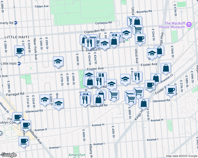 map of restaurants, bars, coffee shops, grocery stores, and more near 1414 Troy Avenue in Brooklyn