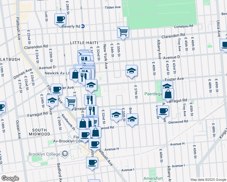 map of restaurants, bars, coffee shops, grocery stores, and more near 1411 New York Avenue in Brooklyn