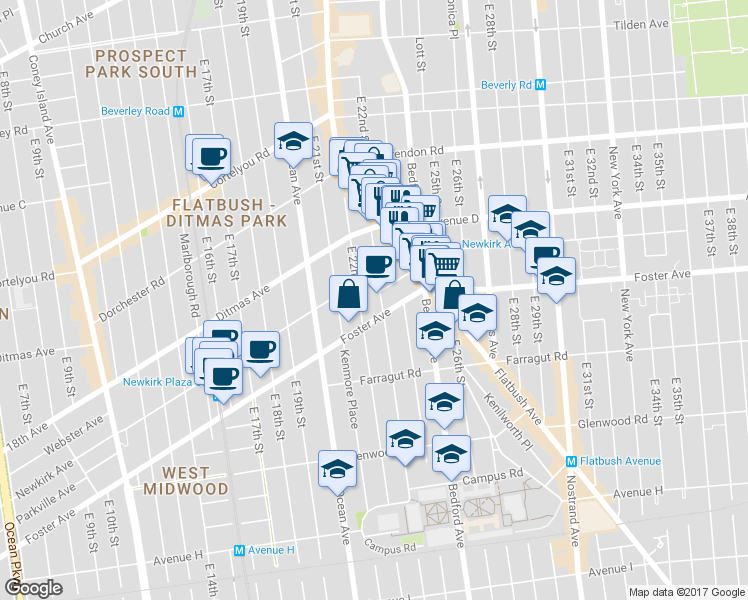 map of restaurants, bars, coffee shops, grocery stores, and more near 490 East 23rd Street in Brooklyn