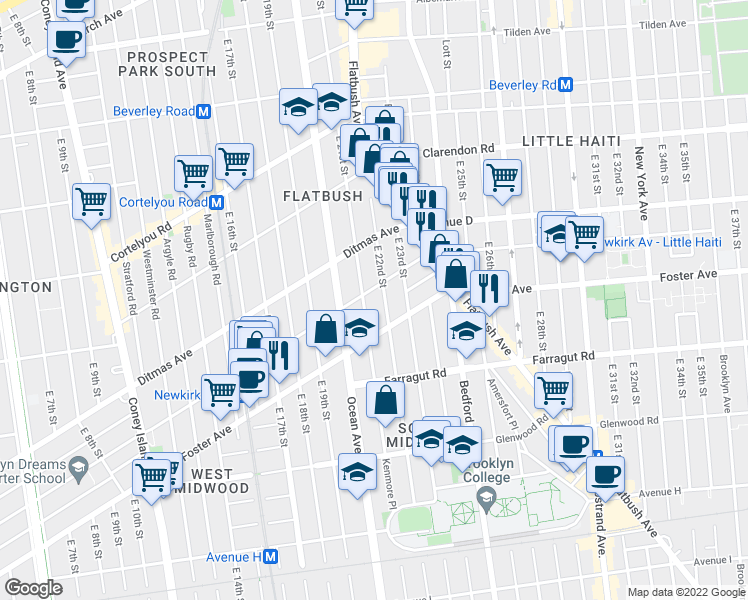 map of restaurants, bars, coffee shops, grocery stores, and more near 651 East 21st Street in Brooklyn
