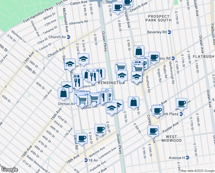 map of restaurants, bars, coffee shops, grocery stores, and more near 583 East 5th Street in Brooklyn