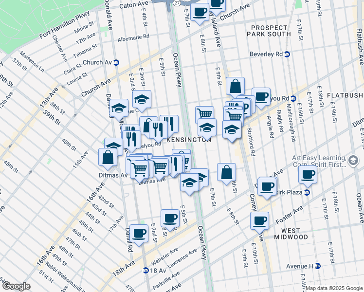 map of restaurants, bars, coffee shops, grocery stores, and more near 583 East 5th Street in Brooklyn