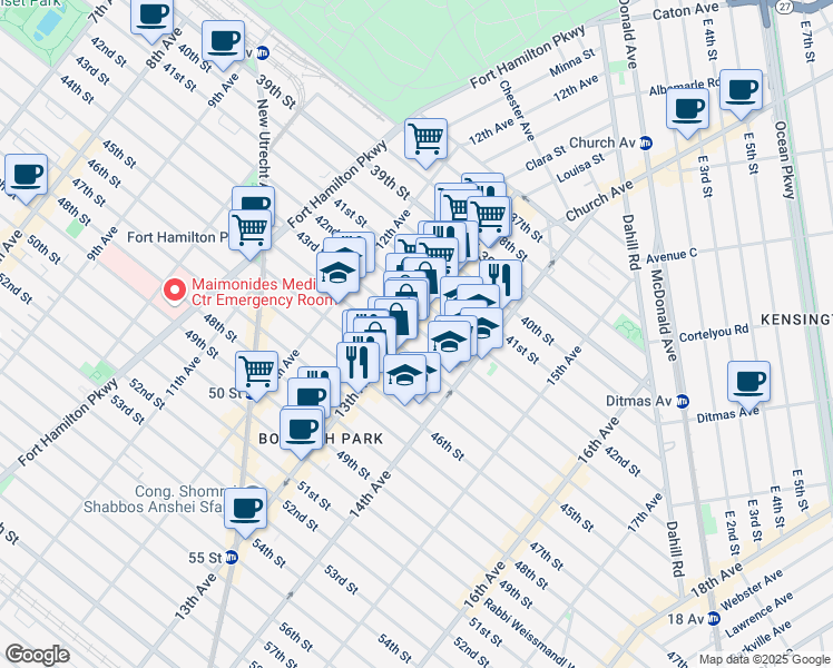 map of restaurants, bars, coffee shops, grocery stores, and more near 4315 13th Avenue in Brooklyn