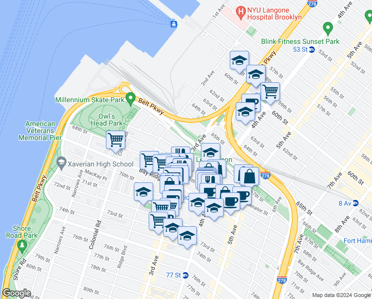 map of restaurants, bars, coffee shops, grocery stores, and more near 6630 3rd Avenue in Brooklyn
