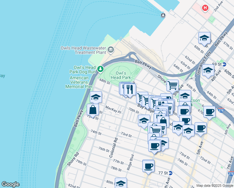 map of restaurants, bars, coffee shops, grocery stores, and more near 83 Bay Ridge Avenue in Brooklyn