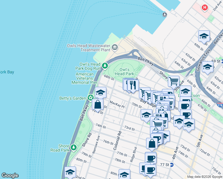 map of restaurants, bars, coffee shops, grocery stores, and more near 62 Bay Ridge Avenue in Brooklyn