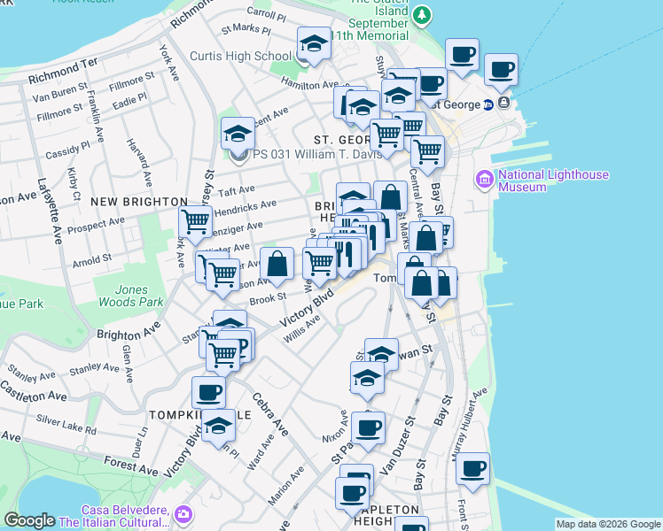 map of restaurants, bars, coffee shops, grocery stores, and more near 52 Corson Avenue in Staten Island