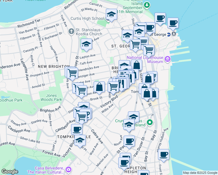 map of restaurants, bars, coffee shops, grocery stores, and more near 416 Westervelt Avenue in Staten Island