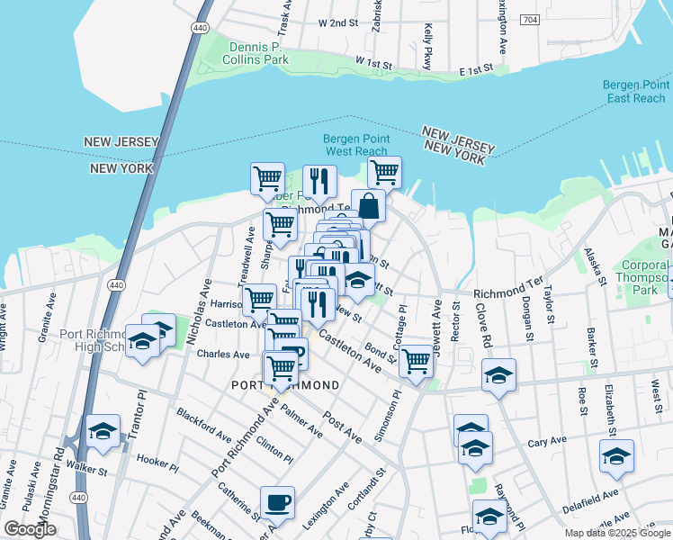 map of restaurants, bars, coffee shops, grocery stores, and more near 123 Port Richmond Avenue in Staten Island