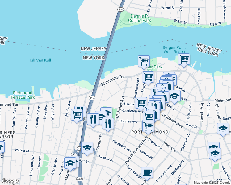 map of restaurants, bars, coffee shops, grocery stores, and more near 34 Riverside Lane in Staten Island
