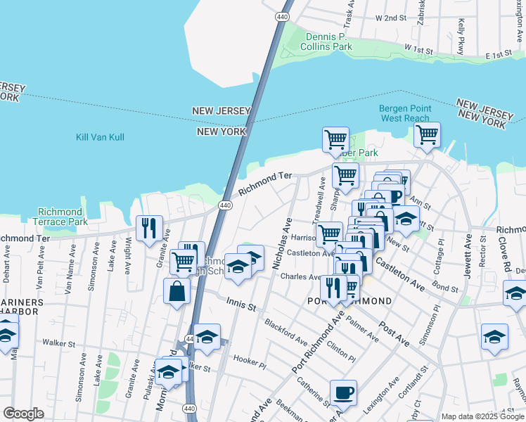 map of restaurants, bars, coffee shops, grocery stores, and more near 18 Bayonne Court in Staten Island