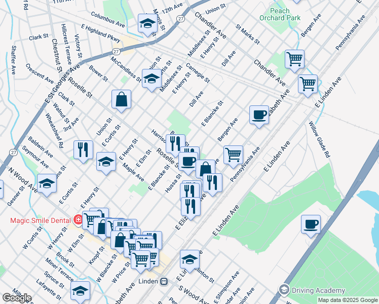 map of restaurants, bars, coffee shops, grocery stores, and more near 401 Bower Street in Linden
